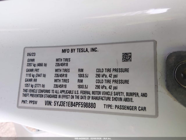 2023 Tesla Model 3 Long Range Dual Motor All-wheel Drive მანქანა იყიდება აუქციონზე, vin: 5YJ3E1EB4PF598880, აუქციონის ნომერი: 44306325