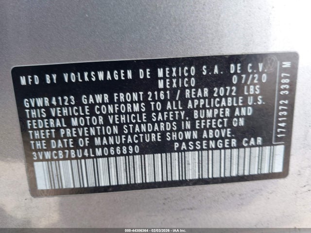 44306364 :رقم المزاد ، 3VWCB7BU4LM066890 vin ، 2020 Volkswagen Jetta مزاد بيع
