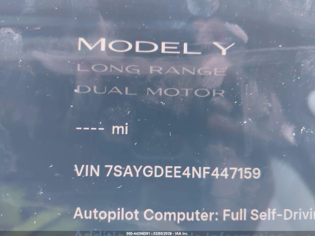 Aukcja sprzedaży 2022 Tesla Model Y Long Range Dual Motor All-wheel Drive, vin: 7SAYGDEE4NF447159, numer aukcji: 44306391