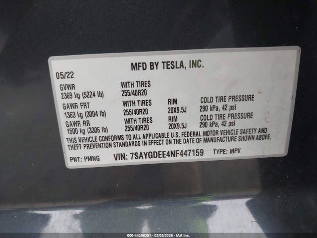 Aukcja sprzedaży 2022 Tesla Model Y Long Range Dual Motor All-wheel Drive, vin: 7SAYGDEE4NF447159, numer aukcji: 44306391