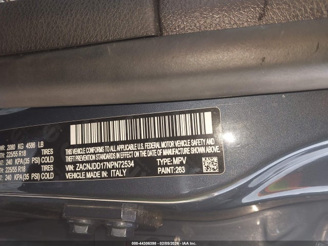 Продаж на аукціоні авто 2022 Jeep Renegade Limited 4x4, vin: ZACNJDD17NPN72534, номер лоту: 44306398