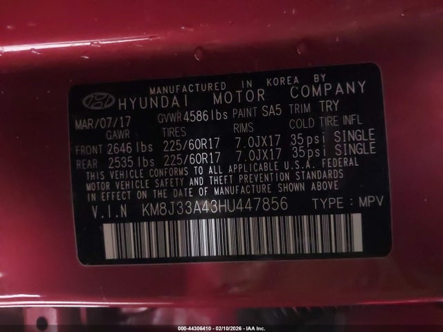 KM8J33A43HU447856 Hyundai Tucson Se Plus
