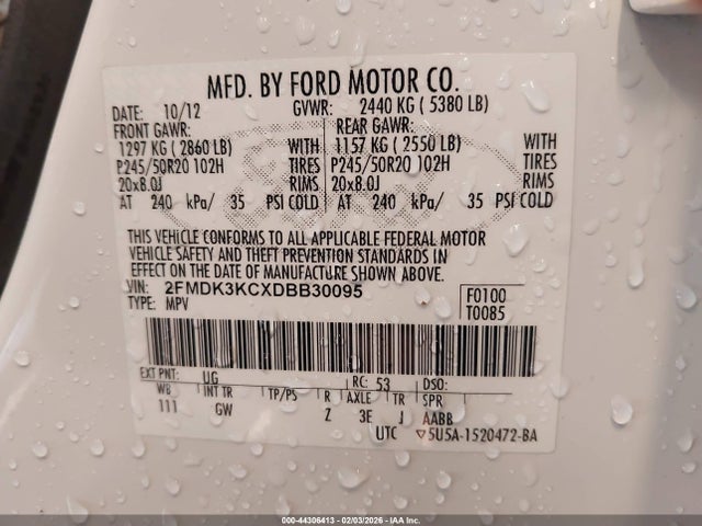 Aukcja sprzedaży 2013 Ford Edge Limited, vin: 2FMDK3KCXDBB30095, numer aukcji: 44306413