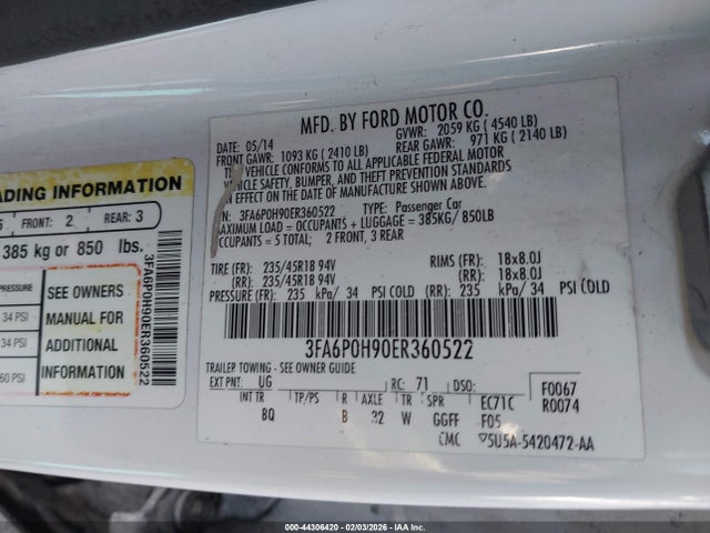 Ford FUSION SE 2014 3FA6P0H90ER360522 Image 9