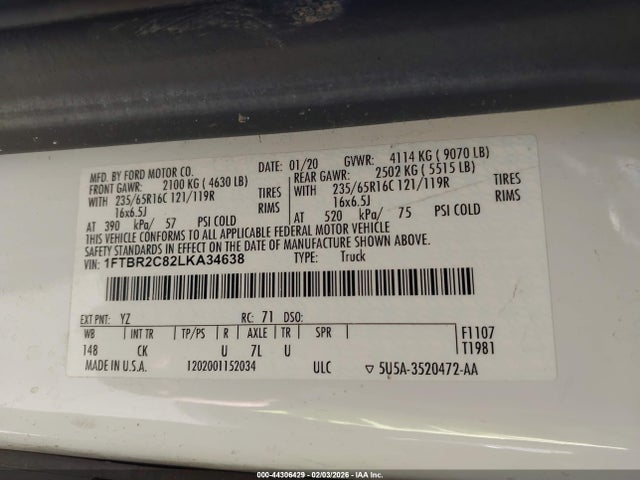 Aukcja sprzedaży 2020 Ford Transit-250, vin: 1FTBR2C82LKA34638, numer aukcji: 44306429