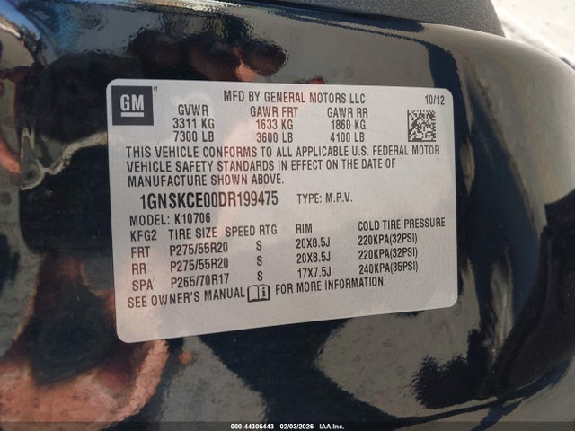 Продажа на аукционе авто 2013 Chevrolet Tahoe Ltz, vin: 1GNSKCE00DR199475, номер лота: 44306443