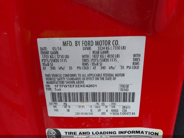 44306491 :رقم المزاد ، 1FTFW1EFXEKE42601 vin ، 2014 Ford F-150 Fx4 مزاد بيع