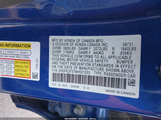 Honda Civic Sport 2022 2HGFE2F57NH521053 Image 9