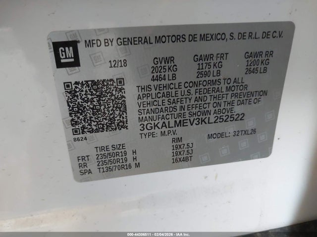 44306511 :رقم المزاد ، 3GKALMEV3KL252522 vin ، 2019 Gmc Terrain Sle مزاد بيع