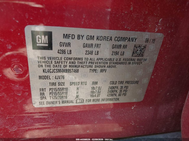 2019 Buick Encore Fwd Essence მანქანა იყიდება აუქციონზე, vin: KL4CJCSM4KB957468, აუქციონის ნომერი: 44306526
