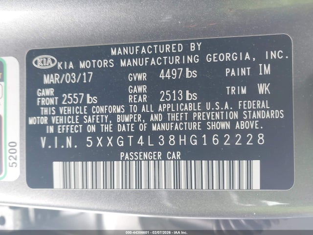 Продаж на аукціоні авто 2017 Kia Optima Lx, vin: 5XXGT4L38HG162228, номер лоту: 44306601