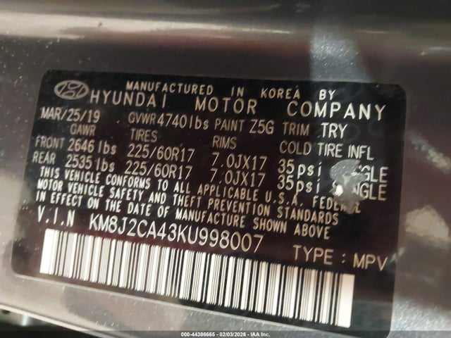 Продажа на аукционе авто 2019 Hyundai Tucson Se, vin: KM8J2CA43KU998007, номер лота: 44306665
