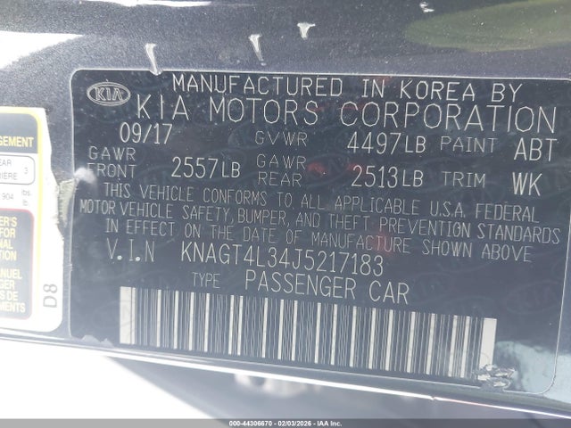 44306670 :رقم المزاد ، KNAGT4L34J5217183 vin ، 2018 Kia Optima Lx مزاد بيع