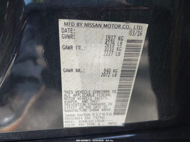 Aukcja sprzedaży 2016 Nissan Altima 2.5 S, vin: 1N4AL3AP1GN357456, numer aukcji: 44306672