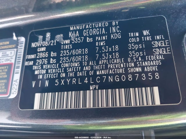 5XYRL4LC7NG087358 KIA SORENTO S