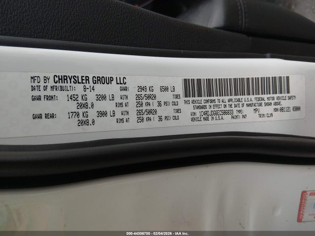 Продаж на аукціоні авто 2014 Dodge Durango Limited, vin: 1C4RDJDG6EC586833, номер лоту: 44306700