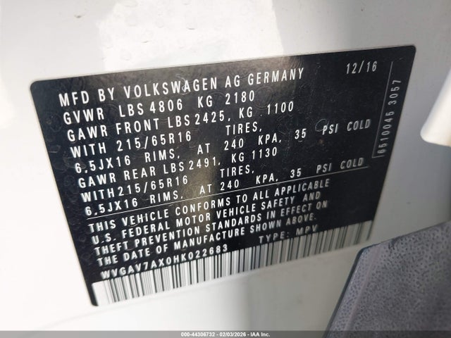 WVGAV7AX0HK022683 Volkswagen Tiguan 2.0t/2.0t S