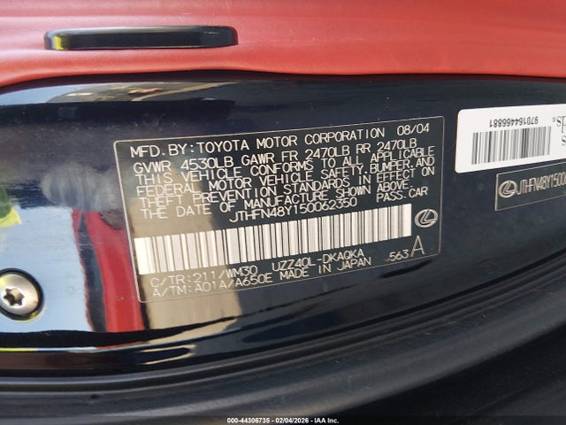 2005 LEXUS SC 430 JTHFN48Y150062350 Photo 8