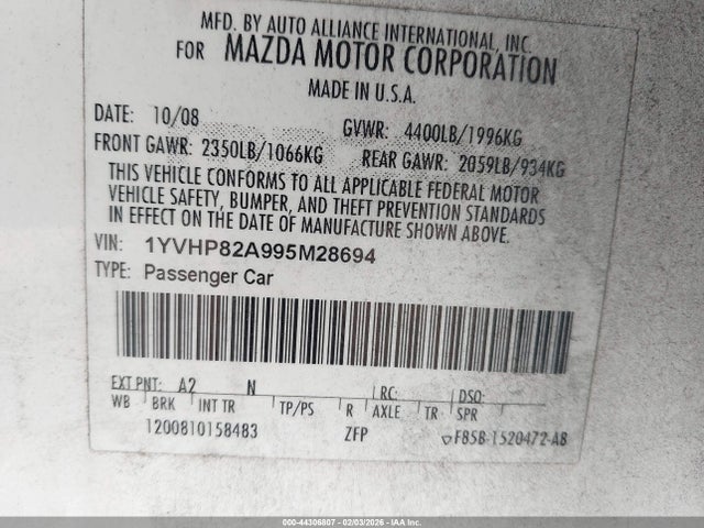 44306807 :رقم المزاد ، 1YVHP82A995M28694 vin ، 2009 Mazda Mazda6 I Touring مزاد بيع