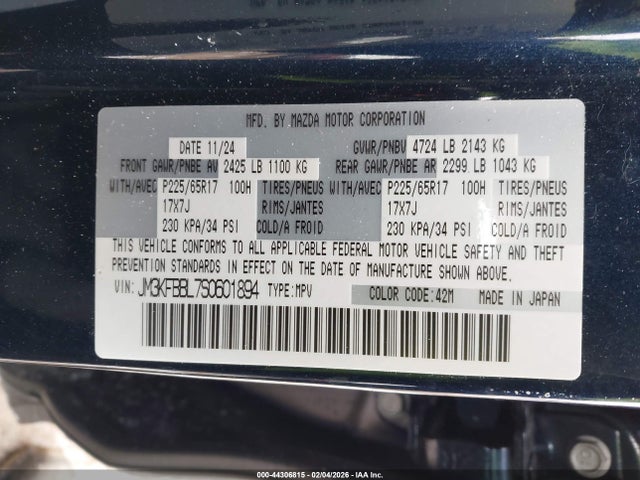 Продажа на аукционе авто 2025 Mazda Cx-5 2.5 S Select, vin: JM3KFBBL7S0601894, номер лота: 44306815