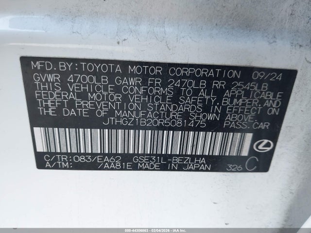 44306863 :رقم المزاد ، JTHGZ1B20R5081475 vin ، 2024 Lexus Is 350 F Sport مزاد بيع