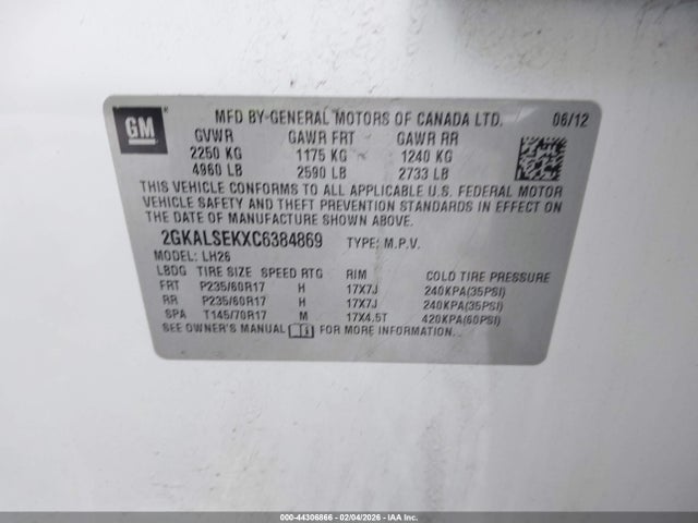 44306866 :رقم المزاد ، 2GKALSEKXC6384869 vin ، 2012 Gmc Terrain Sle-2 مزاد بيع