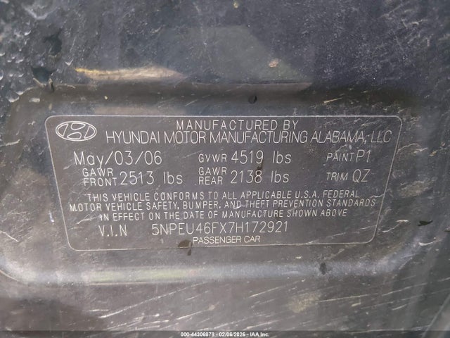 44306878 :رقم المزاد ، 5NPEU46FX7H172921 vin ، 2007 Hyundai Sonata Limited/se V6 مزاد بيع