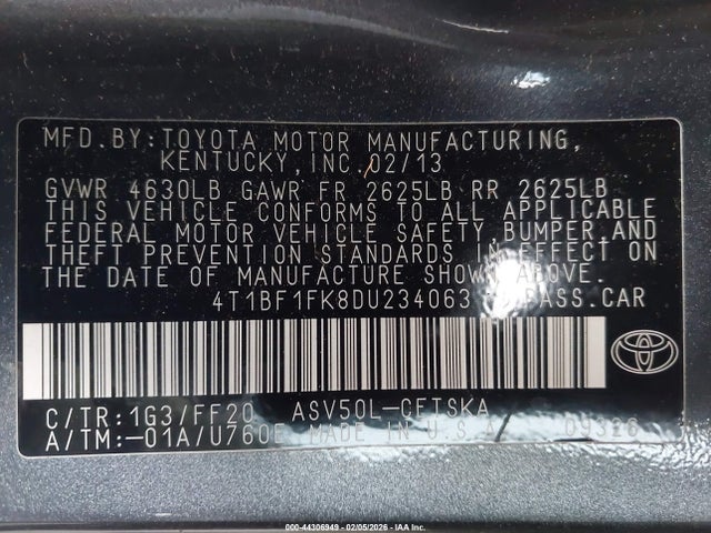 44306949 :رقم المزاد ، 4T1BF1FK8DU234063 vin ، 2013 Toyota Camry Se مزاد بيع