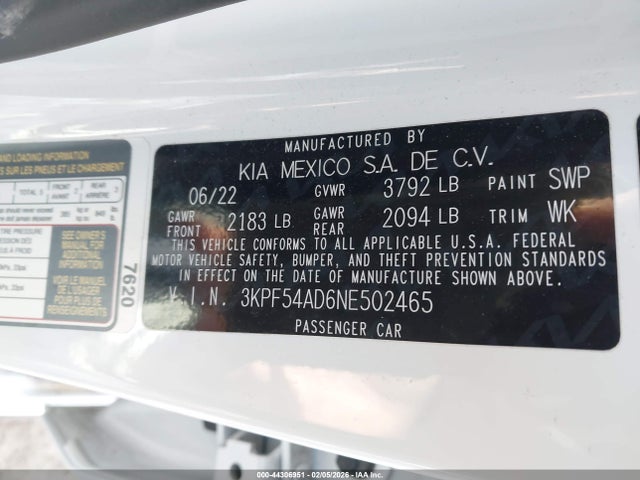 3KPF54AD6NE502465 KIA Forte Gt-line