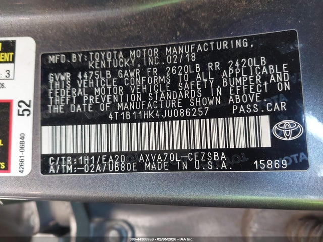 4T1B11HK4JU086257 Toyota CAMRY SE