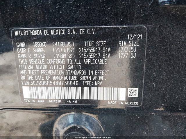 3CZRU6H54NM736646 Honda Hr-v Awd Ex