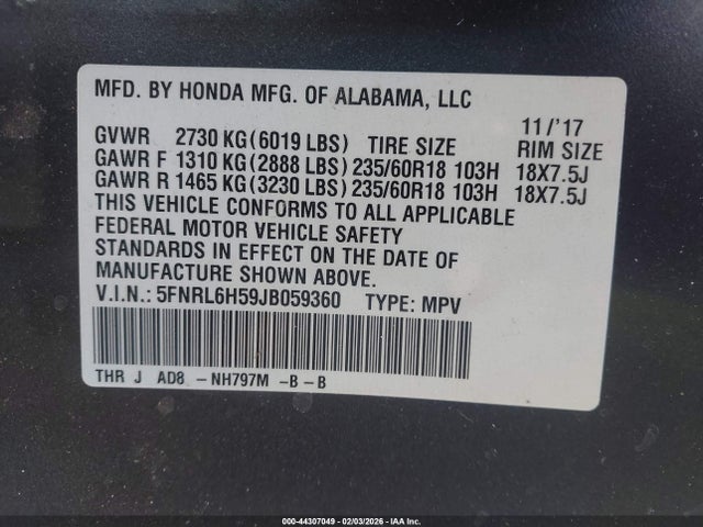 5FNRL6H59JB059360 Honda ODYSSEY EX