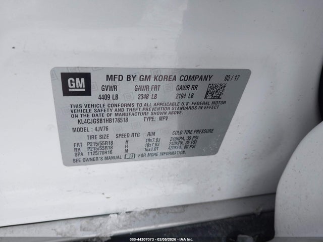 Aukcja sprzedaży 2017 Buick Encore Essence, vin: KL4CJGSB1HB176518, numer aukcji: 44307073