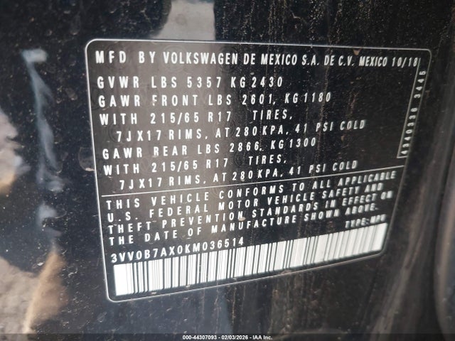 3VV0B7AX0KM036514 Volkswagen Tiguan 2.0t S