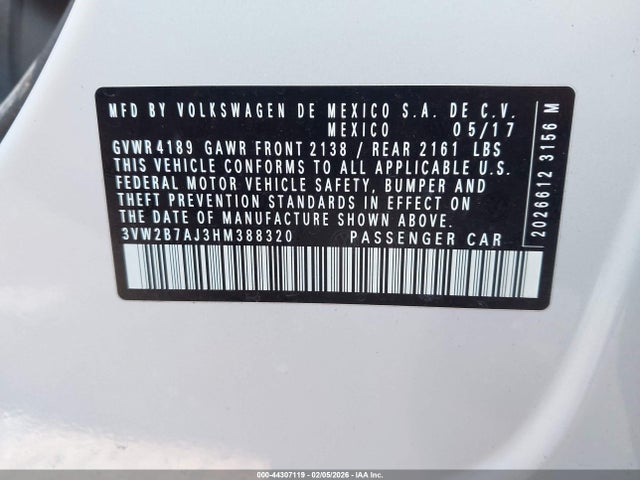 44307119 :رقم المزاد ، 3VW2B7AJ3HM388320 vin ، 2017 Volkswagen Jetta 1.4t S مزاد بيع