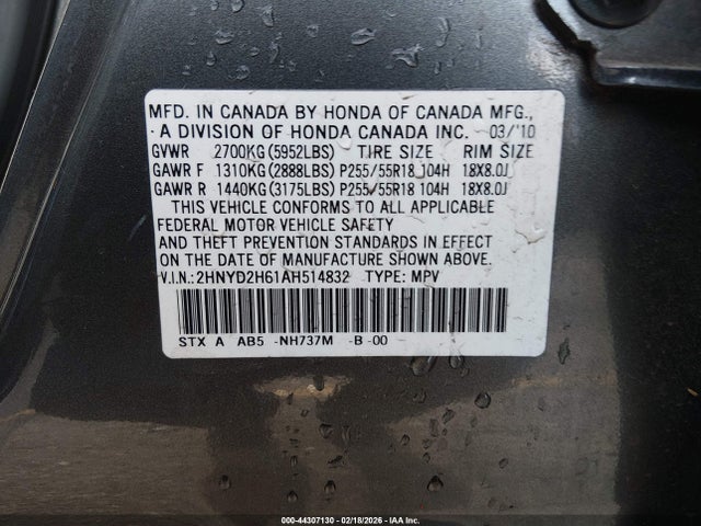 44307130 :رقم المزاد ، 2HNYD2H61AH514832 vin ، 2010 Acura Mdx Technology Package مزاد بيع
