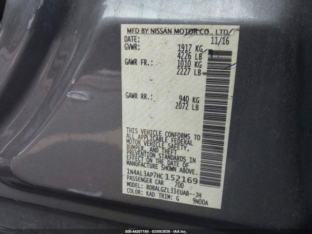 44307180 :رقم المزاد ، 1N4AL3AP7HC152169 vin ، 2017 Nissan Altima 2.5 S مزاد بيع