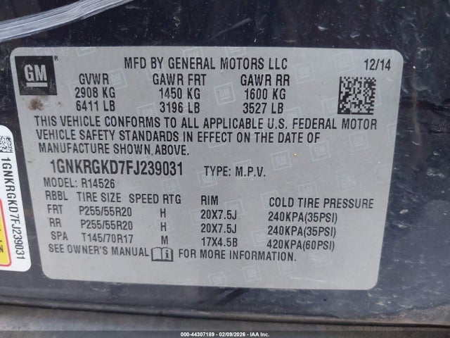 Продаж на аукціоні авто 2015 Chevrolet Traverse 1lt, vin: 1GNKRGKD7FJ239031, номер лоту: 44307189