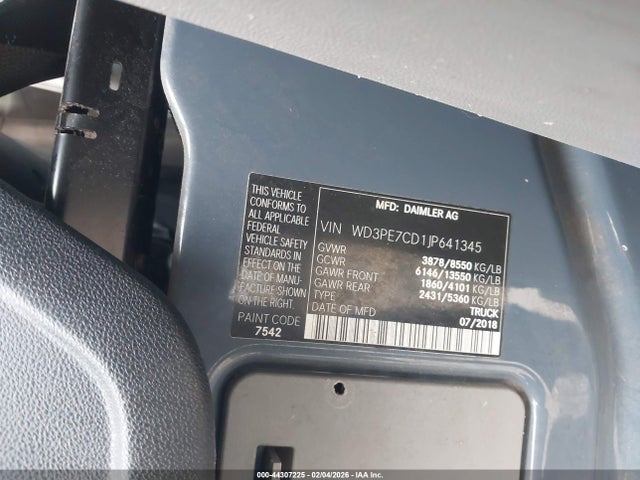 Aukcja sprzedaży 2018 Mercedes-benz Sprinter 2500 Standard Roof V6, vin: WD3PE7CD1JP641345, numer aukcji: 44307225
