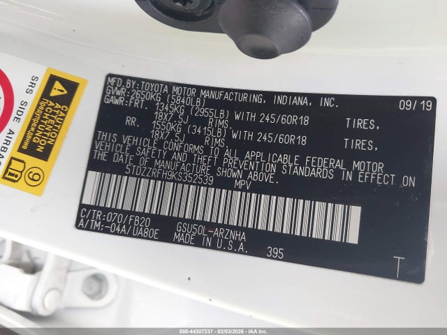 5TDZZRFH9KS352539 Toyota Highlander Le
