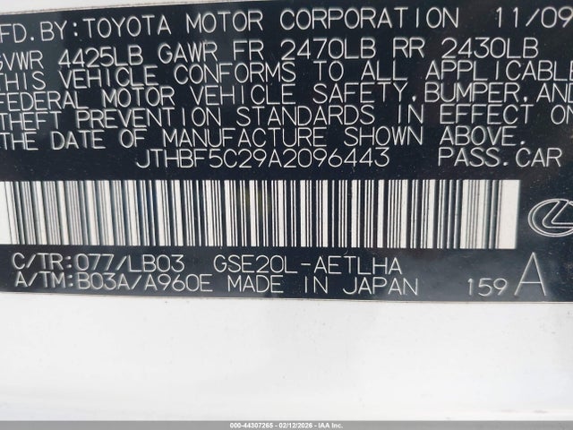 44307265 :رقم المزاد ، JTHBF5C29A2096443 vin ، 2010 Lexus Is 250 مزاد بيع