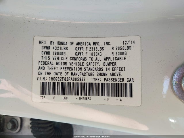1HGCR2F82FA085987 Honda Accord Ex-l