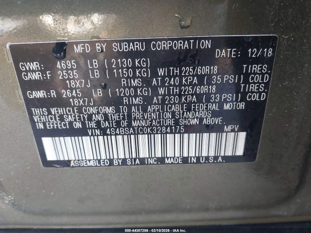Продажа на аукционе авто 2019 Subaru Outback 2.5i Touring, vin: 4S4BSATC0K3284175, номер лота: 44307286