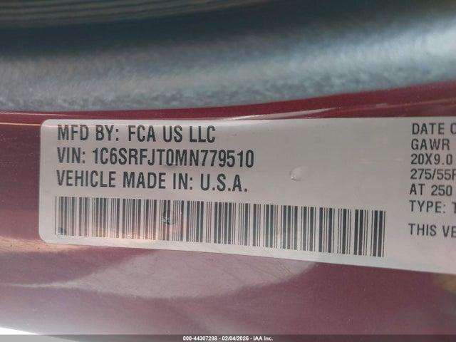 44307288 :رقم المزاد ، 1C6SRFJT0MN779510 vin ، 2021 Ram 1500 Laramie  4x4 5'7 Box مزاد بيع