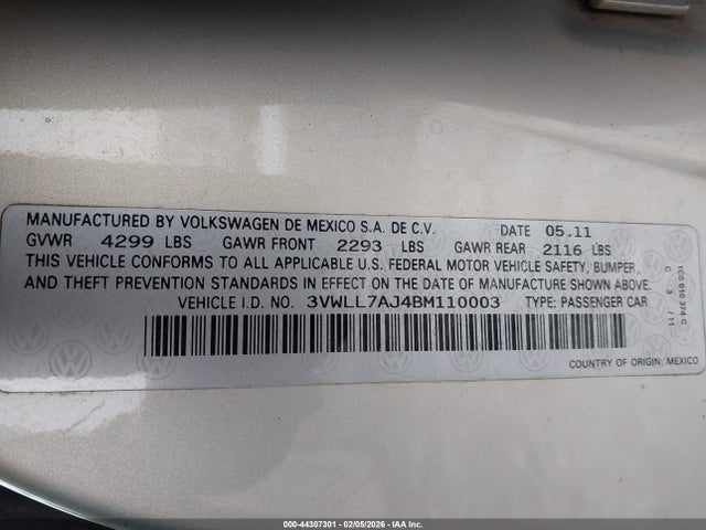 Продажа на аукционе авто 2011 Volkswagen Jetta 2.0l Tdi, vin: 3VWLL7AJ4BM110003, номер лота: 44307301