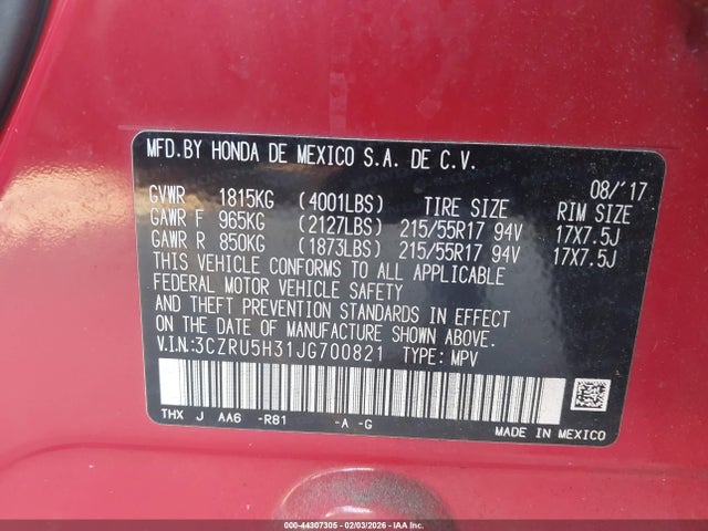 3CZRU5H31JG700821 Honda HR-V LX