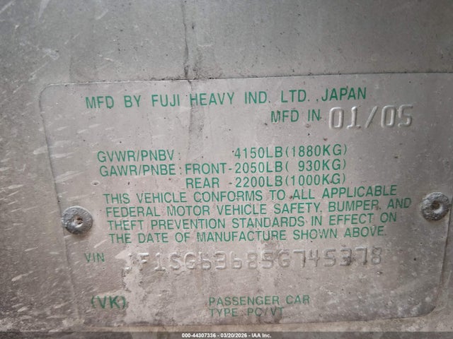 2005 Subaru Forester 2.5x მანქანა იყიდება აუქციონზე, vin: JF1SG63685G745378, აუქციონის ნომერი: 44307336