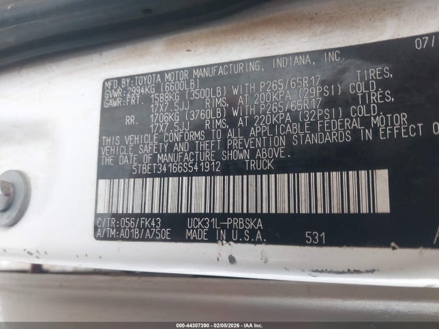2006 Toyota Tundra Sr5 V8 მანქანა იყიდება აუქციონზე, vin: 5TBET34166S541912, აუქციონის ნომერი: 44307390