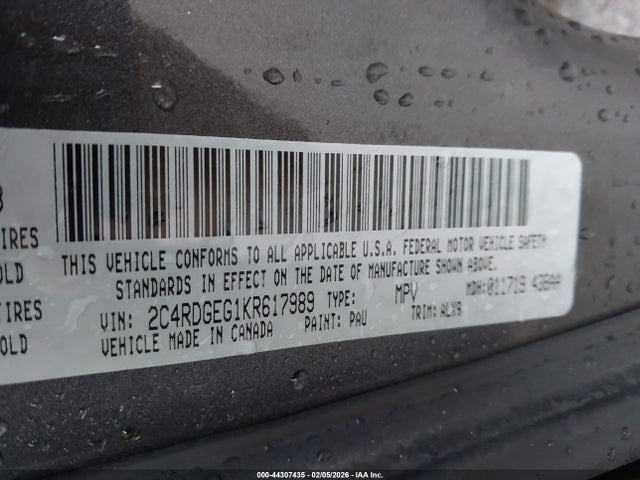 Aukcja sprzedaży 2019 Dodge Grand Caravan Gt, vin: 2C4RDGEG1KR617989, numer aukcji: 44307435