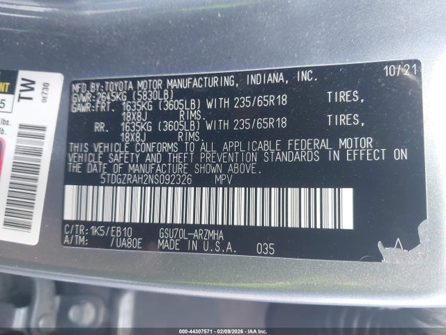 2022 TOYOTA HIGHLANDER 5TDGZRAH2NS092326 Photo 8